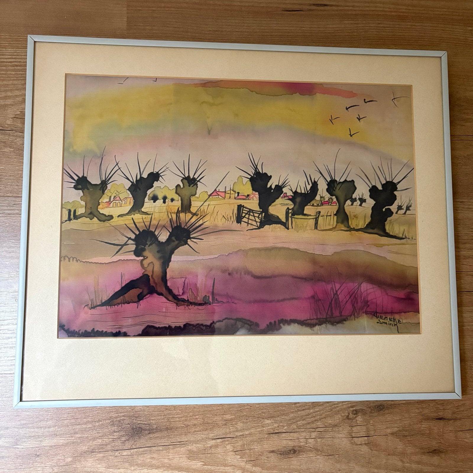 Schilderij zijdeverf Dineke Smink - Landschap met knotwilgen, Landschap, Ophalen of Verzenden, Gesigneerd, Overige technieken