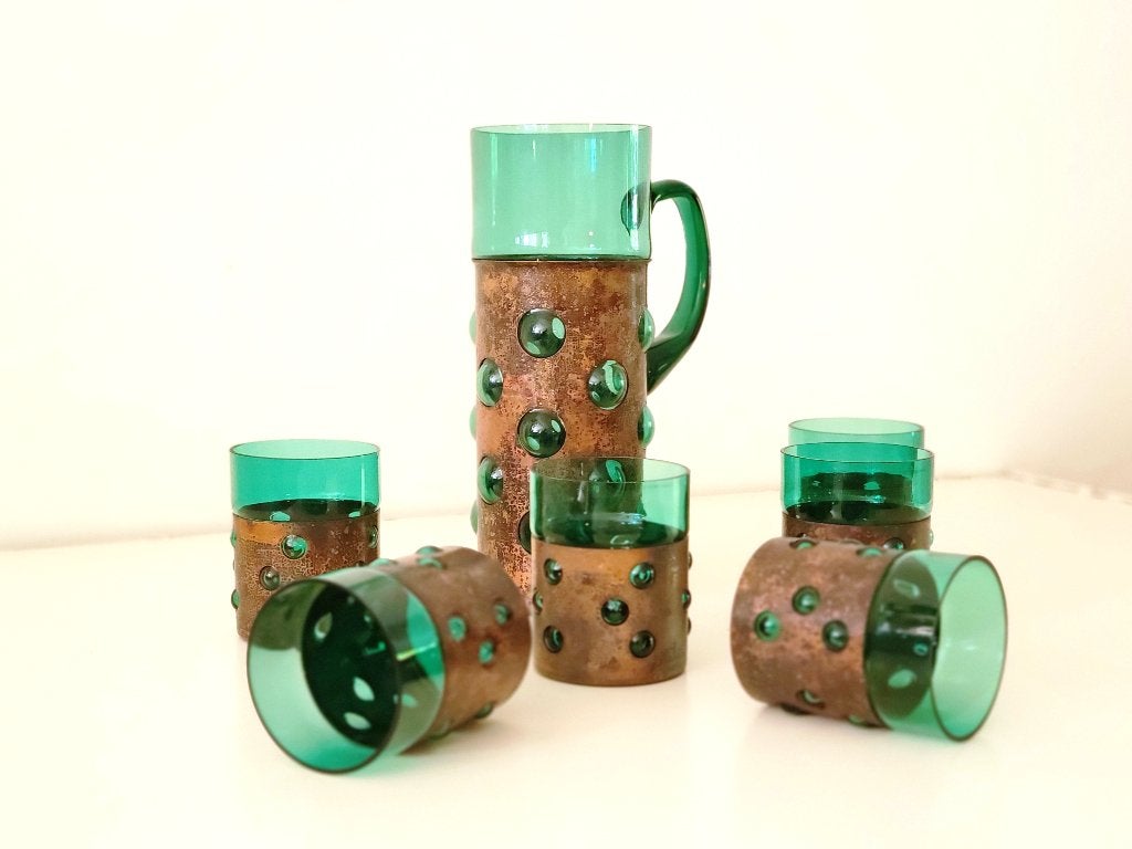 Vintage Brutalist drank set van groen glas en koper, Antiek en Kunst, Ophalen