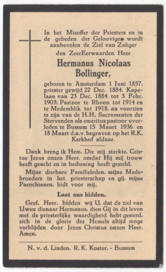 Veur / pastoor H. Bollinger 1857 Amsterdam + 1936 Bussum, Ophalen of Verzenden