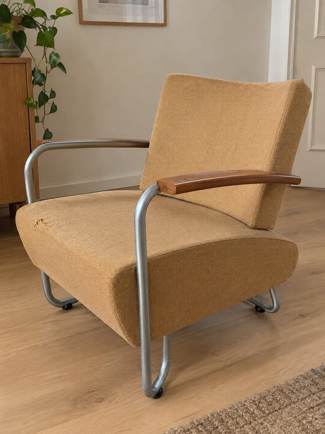 Vintage Gerard Vollenbrock fauteuil met metalen frame, Gebruikt, Overige kleuren, Hout, Ophalen of Verzenden