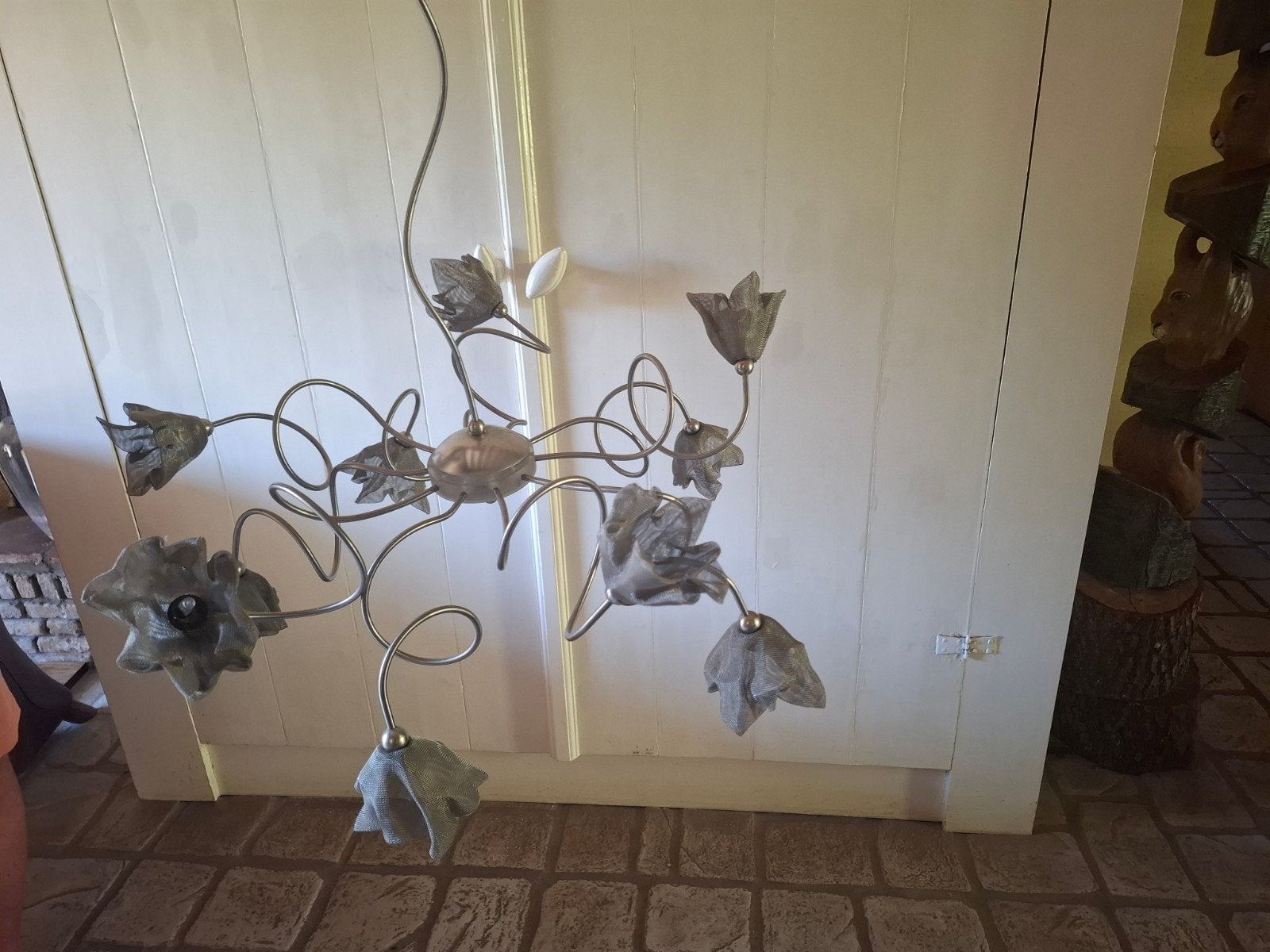 RVS hanglamp met 8 armen en bloemvormige kapjes, dimbaar, Ophalen, Gebruikt, G4, Metaal