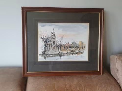 Aquarel met verf en inkt Kees Doolaard Kerkgracht Den Helder, Antiek en Kunst, Ophalen