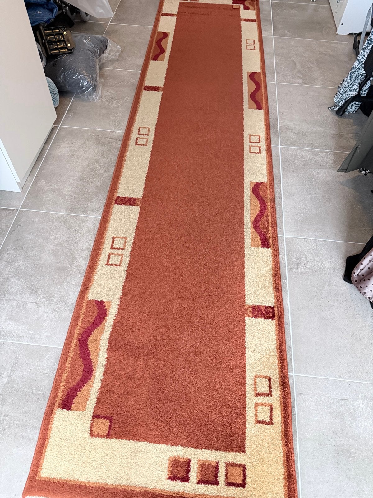 Lange oranje/beige loper met patroon - Zo goed als nieuw, Ophalen, 200 cm of meer, Oranje, 50 tot 100 cm