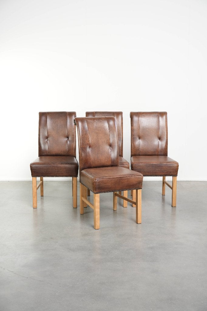 Mooie set van 4 groot model schapenleren eetkamerstoelen, Huis en Inrichting, Stoelen, Ophalen, Gebruikt, Bruin, Leer