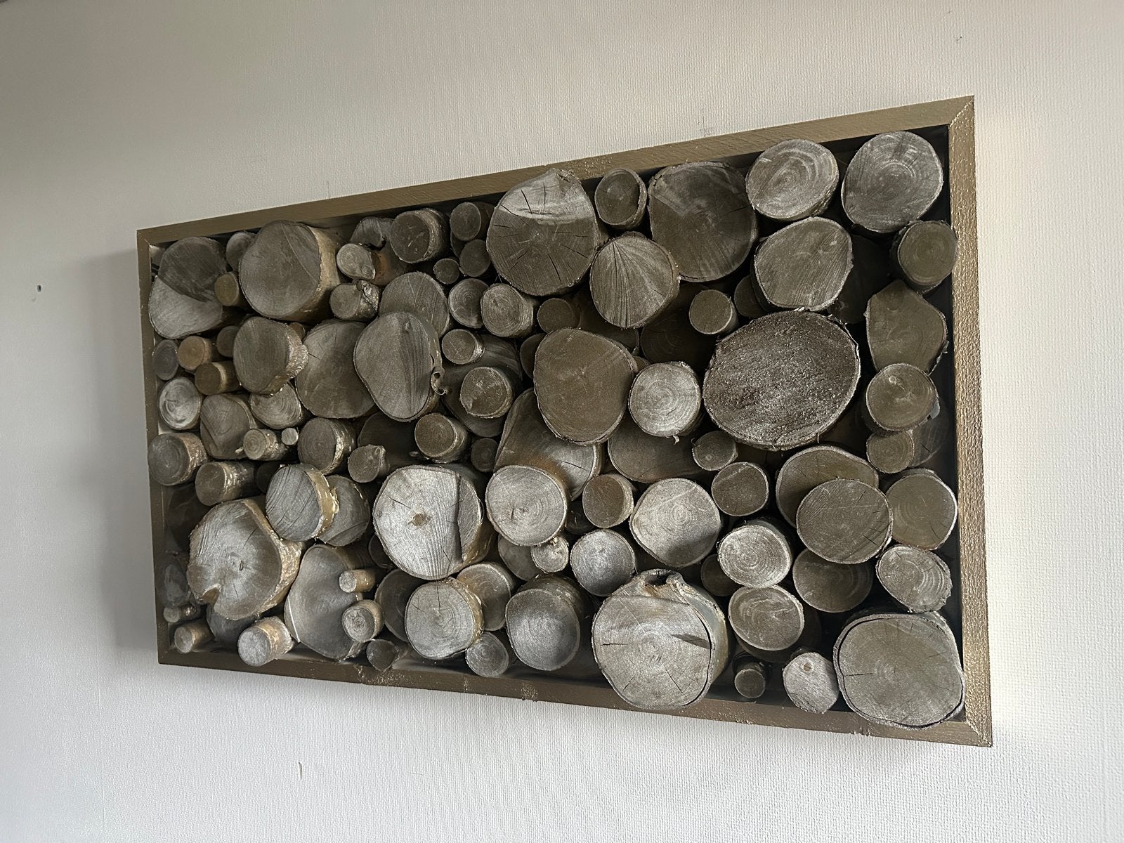 Unieke houten wanddecoratie - boomstam schijven 55x85 cm, Ophalen, Hout, Decoratieobject, Zo goed als nieuw