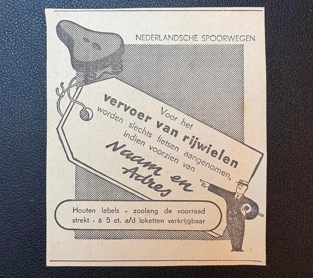 Oude advertentie NS ‘Vervoer van rijwielen’ (1944), Verzamelen, Ophalen of Verzenden, Gebruikt, Trein