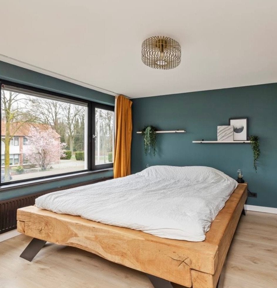 Eiken houten bedframe + lattenbodem, Ophalen, Bruin, Tweepersoons, Zo goed als nieuw