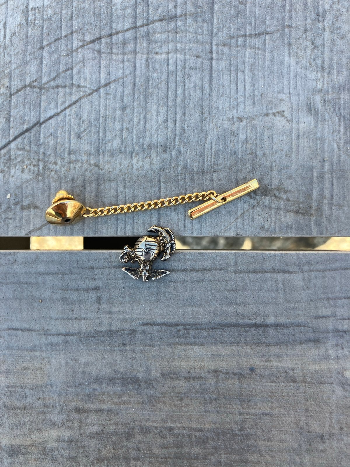 Vintage US Marine Corps reversspeldje met ketting, Ophalen of Verzenden, Gebruikt, Overige materialen