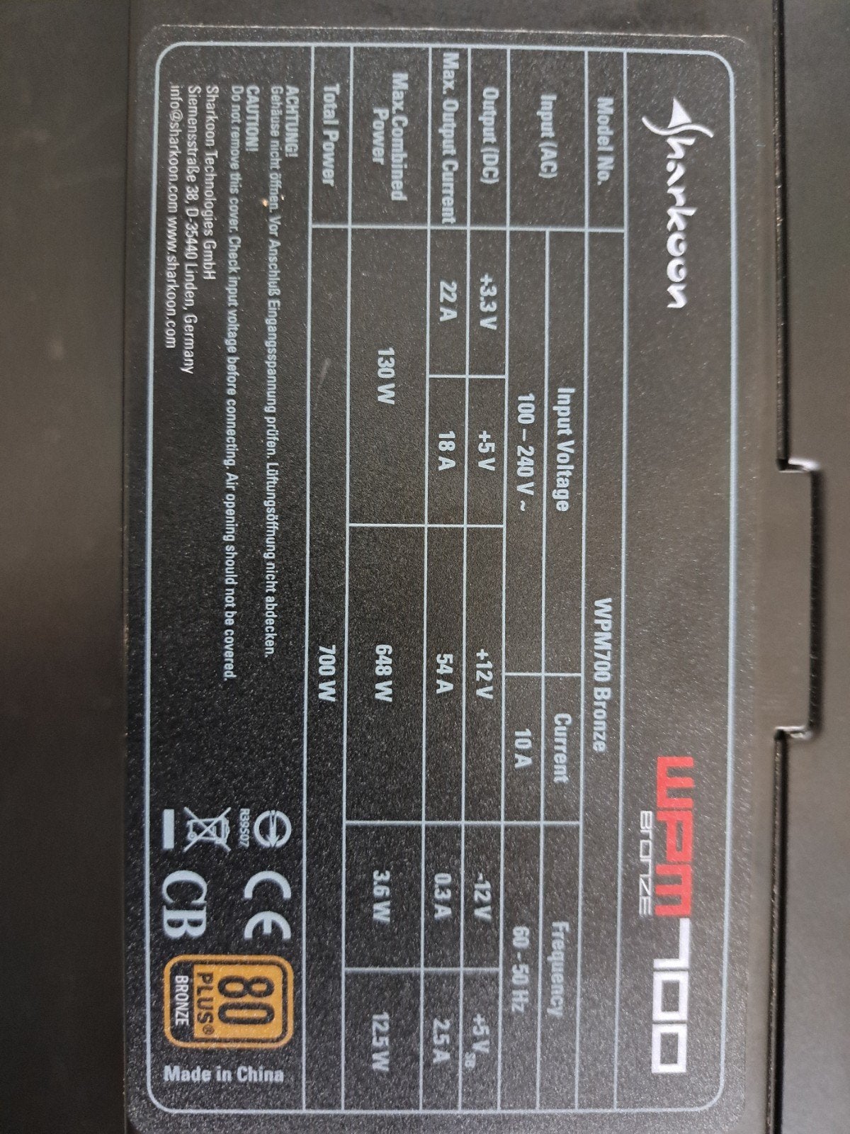 Sharkoon WPM700 Bronze Voeding 700W psu (semi modular), Computers en Software, Interne voedingen, Gebruikt, Ophalen of Verzenden