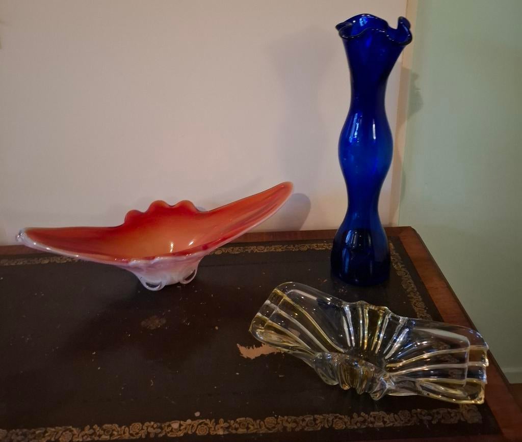 Set van drie prachtige stukken mondgeblazen Murano glas Ital, Ophalen of Verzenden