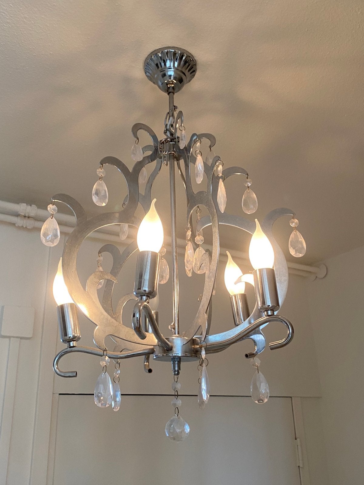 Zilverkleurige kroonluchter, Huis en Inrichting, Lampen | Kroonluchters, Ophalen, Gebruikt, Metaal, E14 (klein)