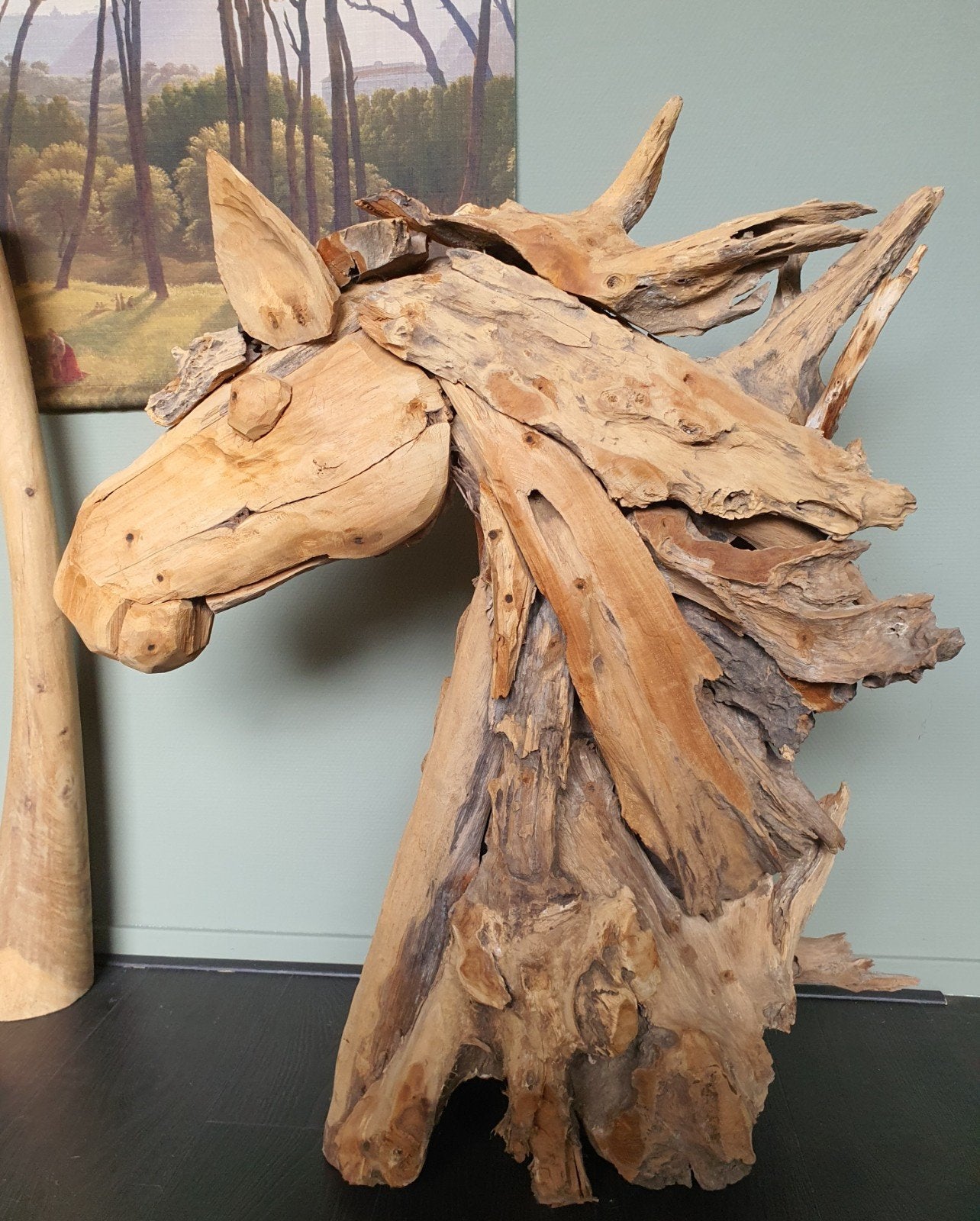 Beeld sculptuur paard teakhout handgemaakt uniek gaaf groot, Antiek en Kunst, Handgemaakt, Beeld, Hout, 50 - 100 cm