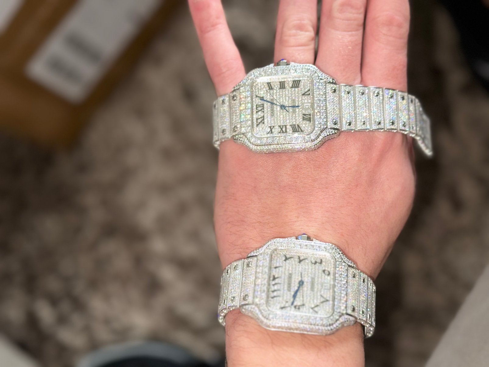 Cartier santos iced out VVS,  heren horloge moissanite, Ophalen of Verzenden, Zo goed als nieuw, Jongen of Meisje