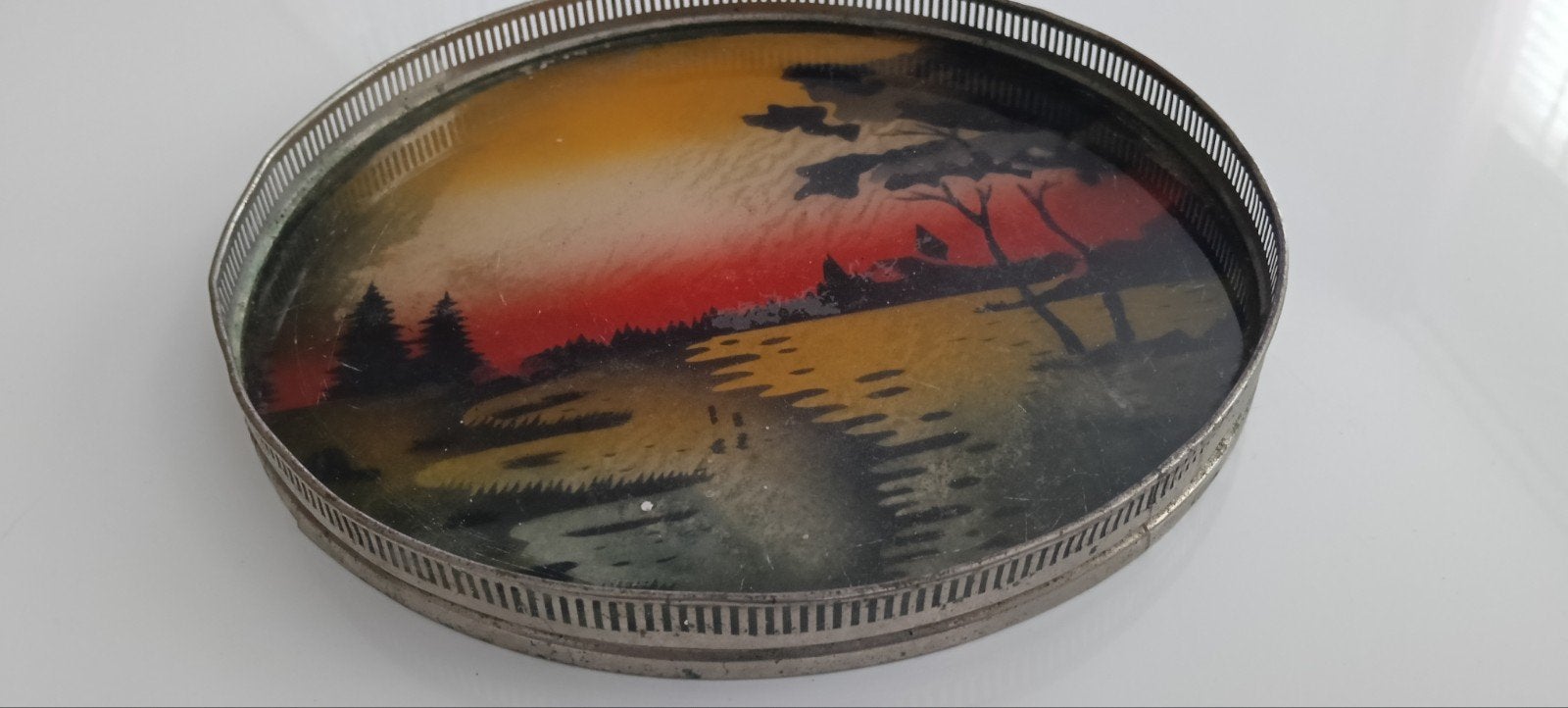 Vintage dienblad met zonsondergang tafereel, Ophalen