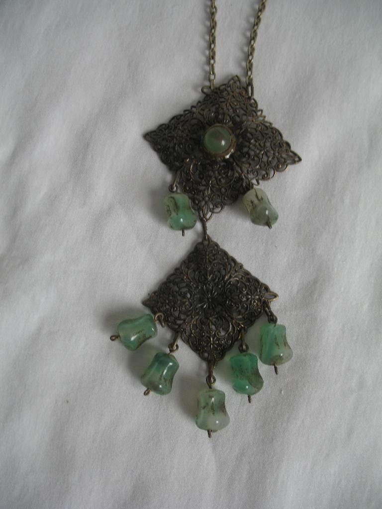 Victoriaans Ketting +Hanger Koperlook +Cabochon GroenVinta, Ophalen of Verzenden, Overige materialen, Overige typen