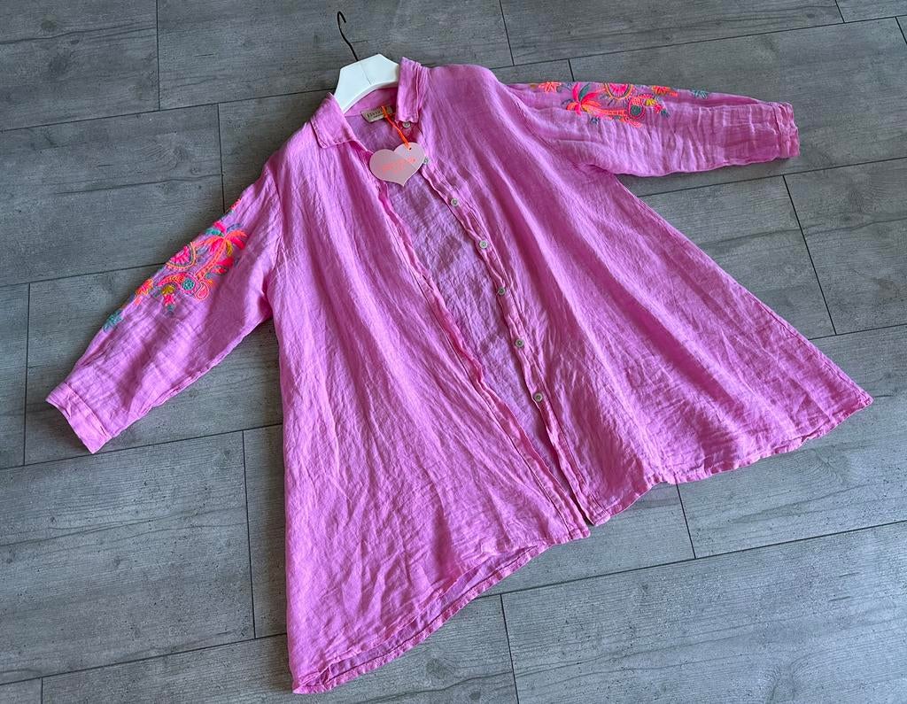 Linnen A lijn blouse , neon details op de mouw , one size, Ophalen of Verzenden, Nieuw, Maat 42/44 (L), Roze