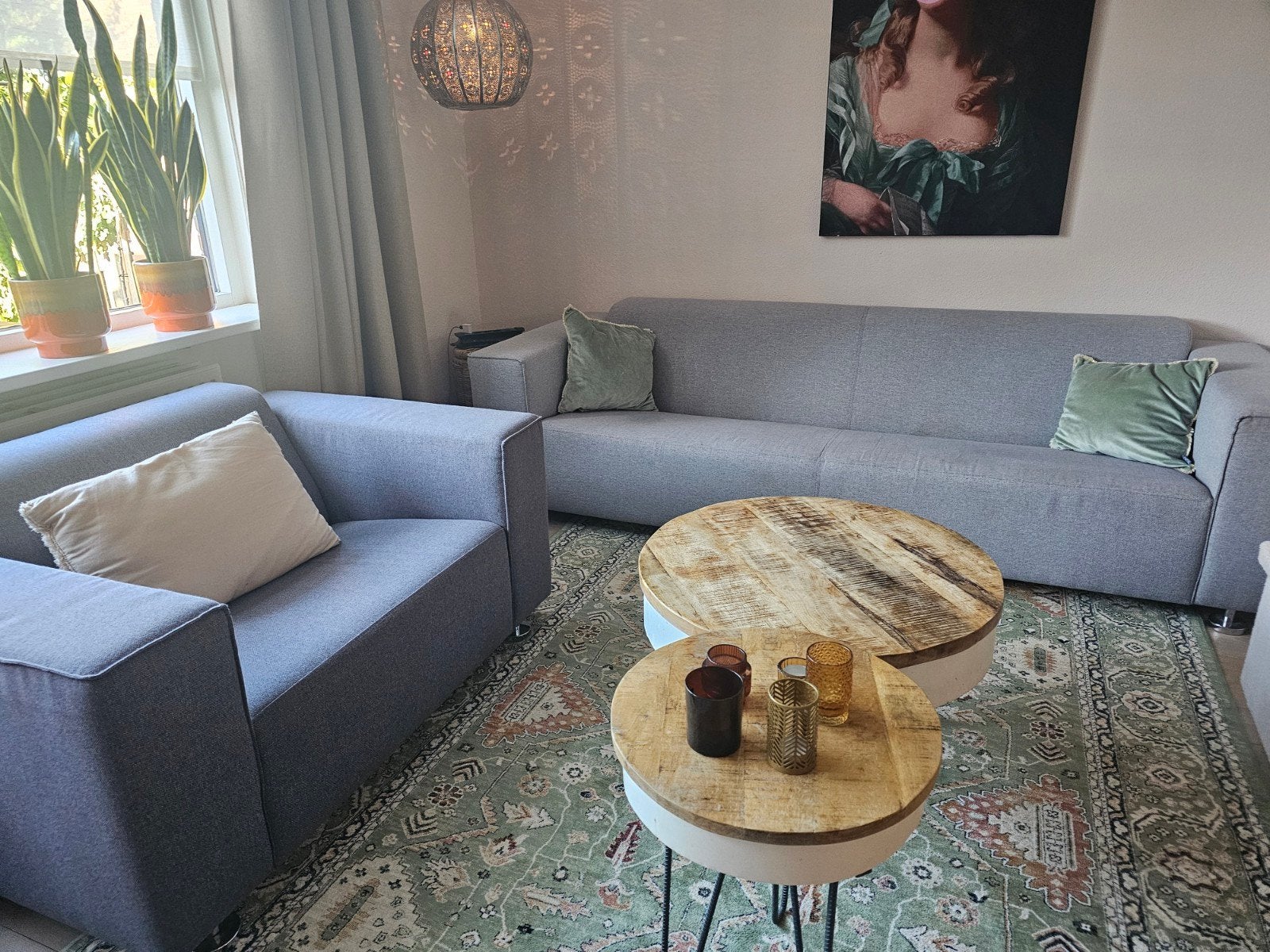 Comfortabele bank en fauteuil set - Grijs stof, Ophalen, Gebruikt, Stof, Modern