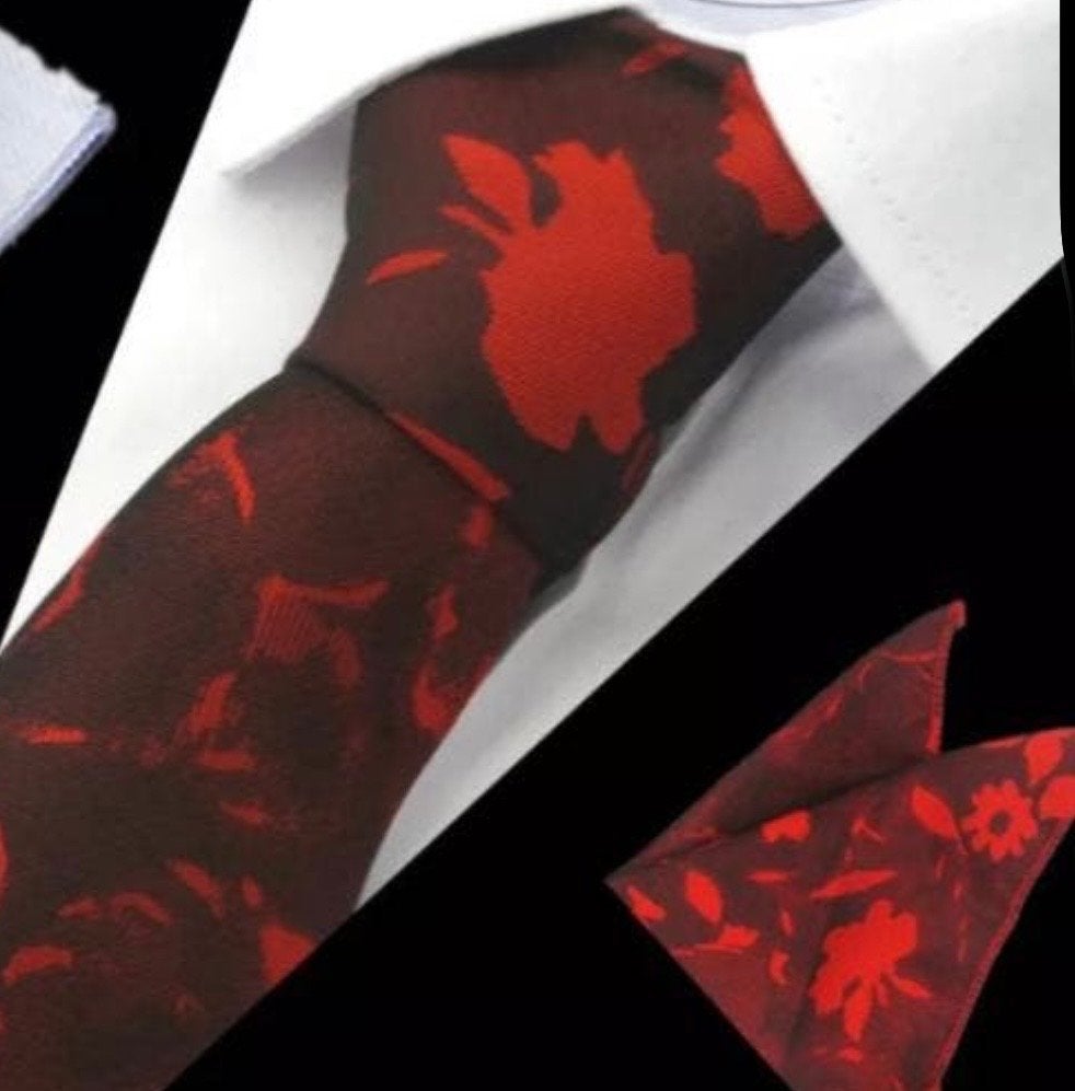 Stropdas, pochet & manchetknopen set - 100% zijde rood/bruin, Ophalen of Verzenden, Nieuw, Rood, Met patroon