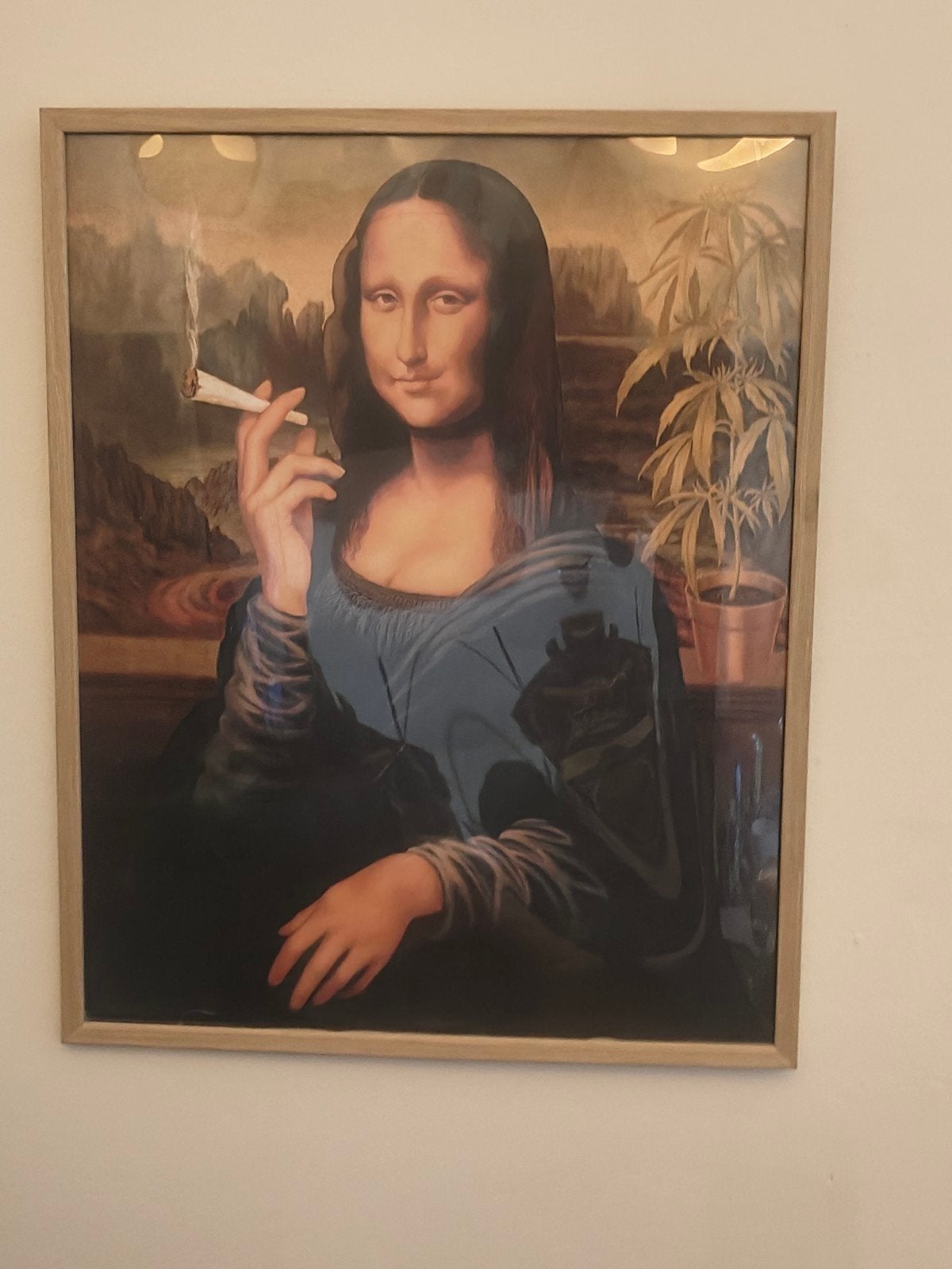Mona Lisa met joint poster - Unieke kunstprint, Met lijst, Ophalen of Verzenden, A1 t/m A3, Overige onderwerpen