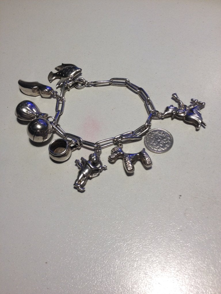 Antieke zilveren bedeltjes armband, Verzenden, Zilver, Armband