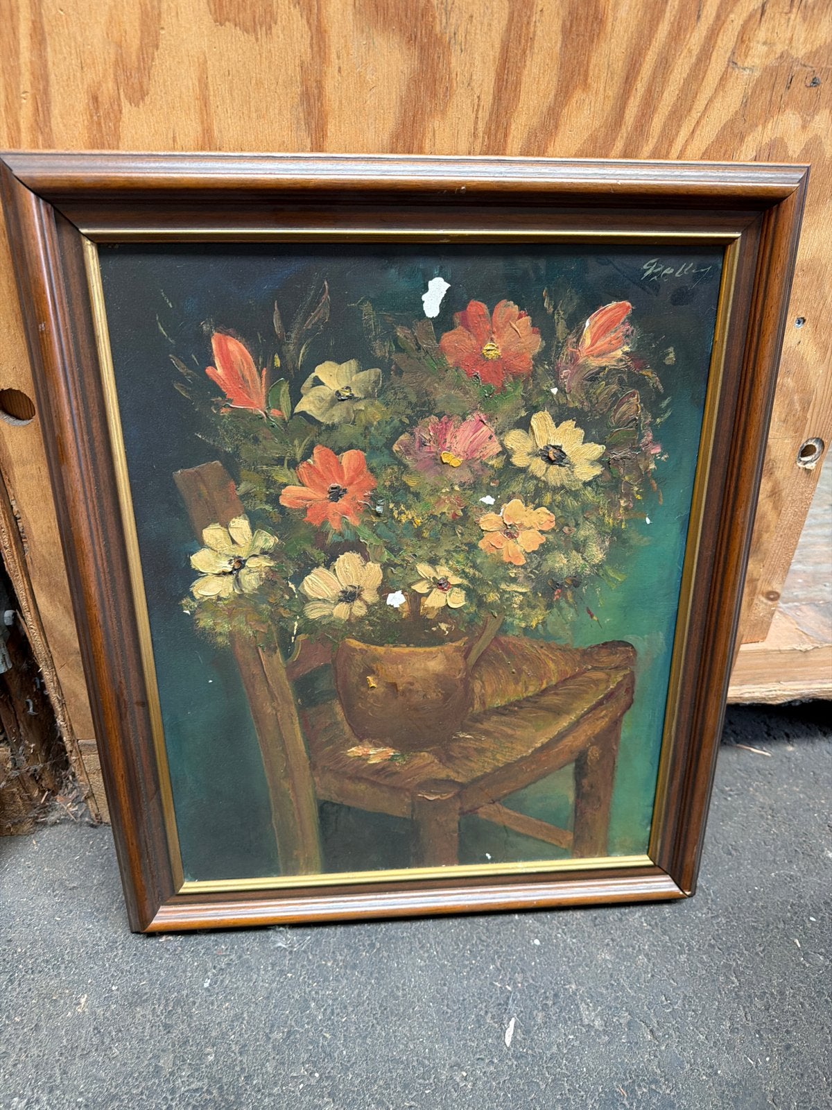 Bloemenstilleven op stoel, olieverfschilderij, Doek, Realistisch, Gesigneerd, Olieverf