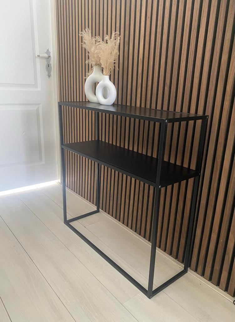 Zwart smal open kastje sidetable hout metaal met planken, Huis en Inrichting, 50 tot 100 cm, Zo goed als nieuw, Modern industrieel hout metaal zwart minimalistisch design