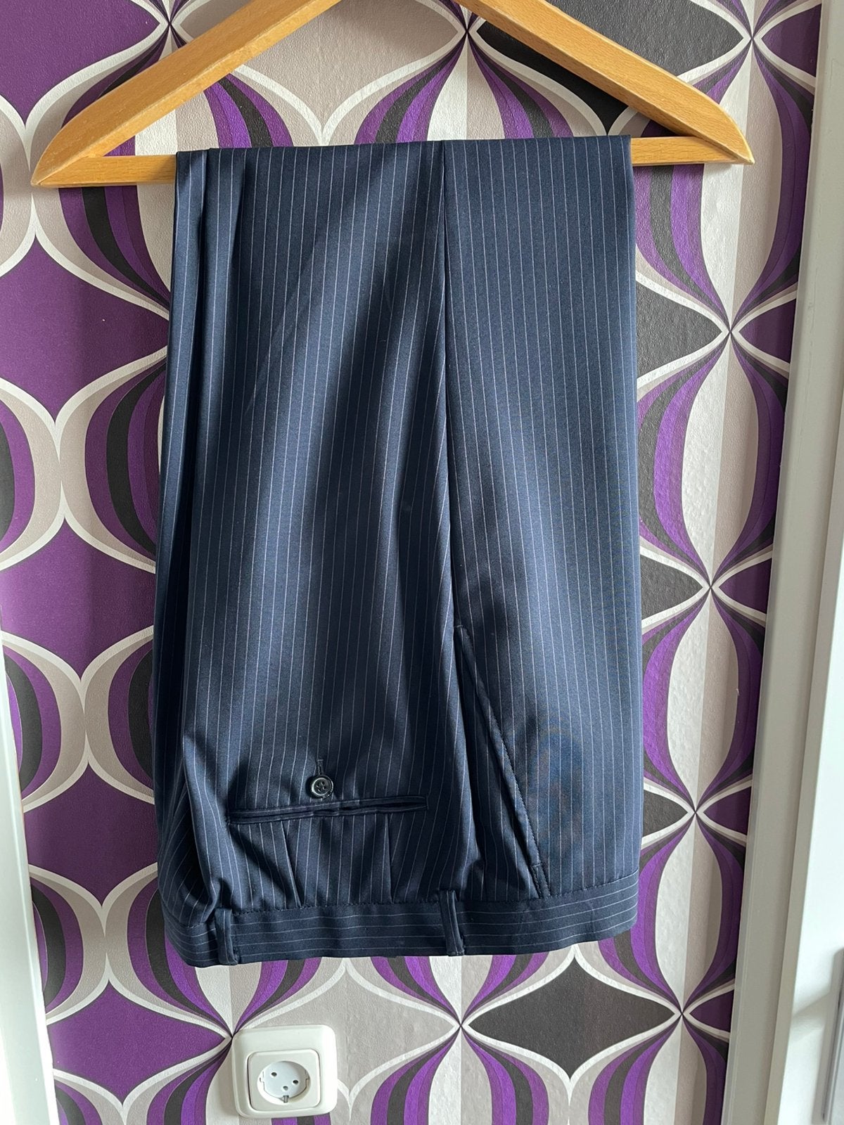 Vintage krijtstreep kostuum, maat M, Ophalen of Verzenden, Zo goed als nieuw, Maat 48/50 (M), Blauw