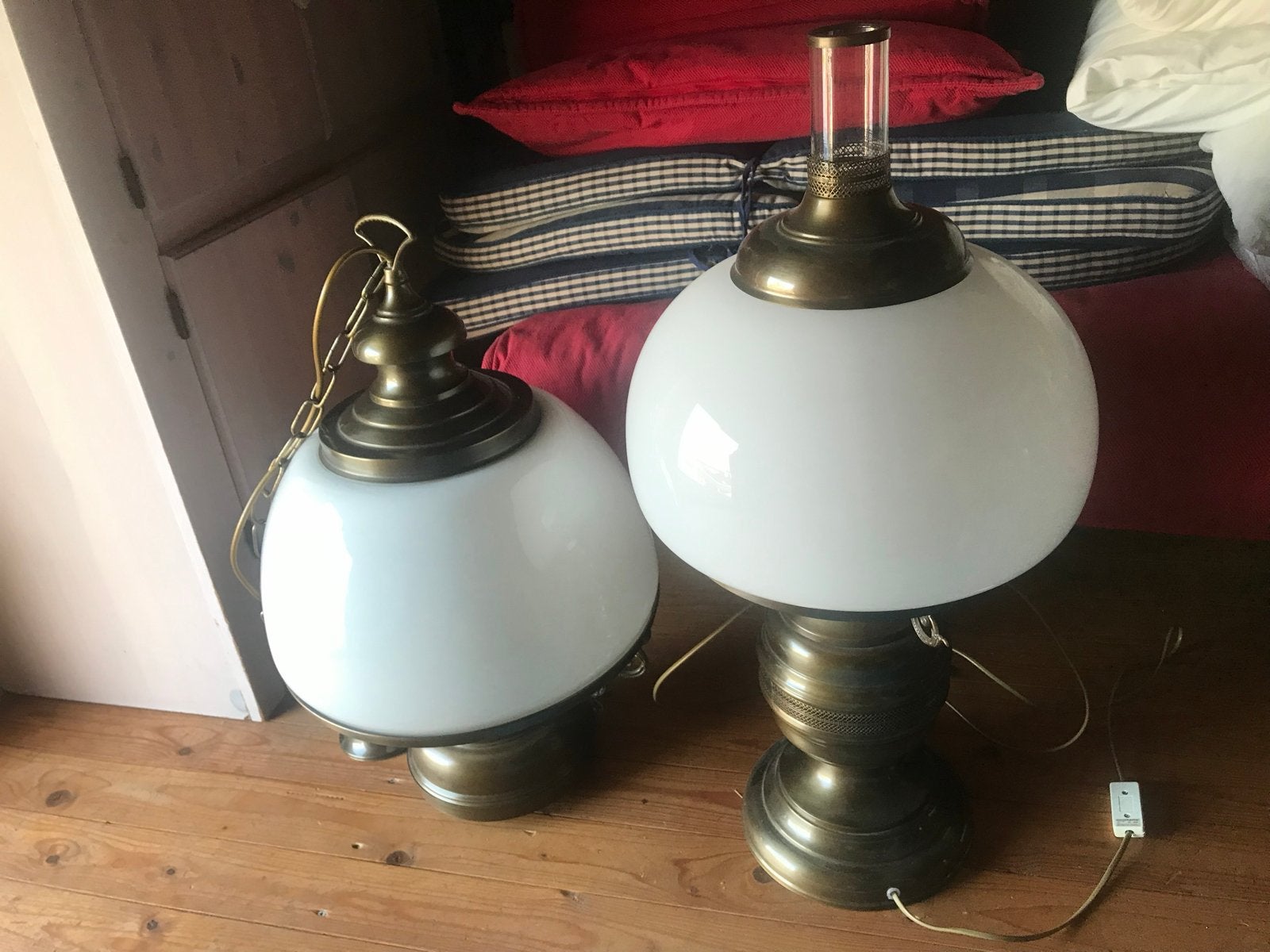 Koperen staande en hanglamp met wit mat glas - Set, Antiek en Kunst, Ophalen