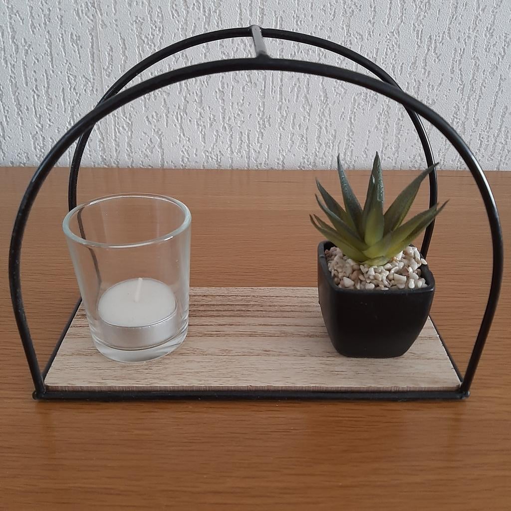 Houten plankje met waxinelichthouder en nep cactus, Hout, Meerkleurig, Nieuw, Ophalen of Verzenden