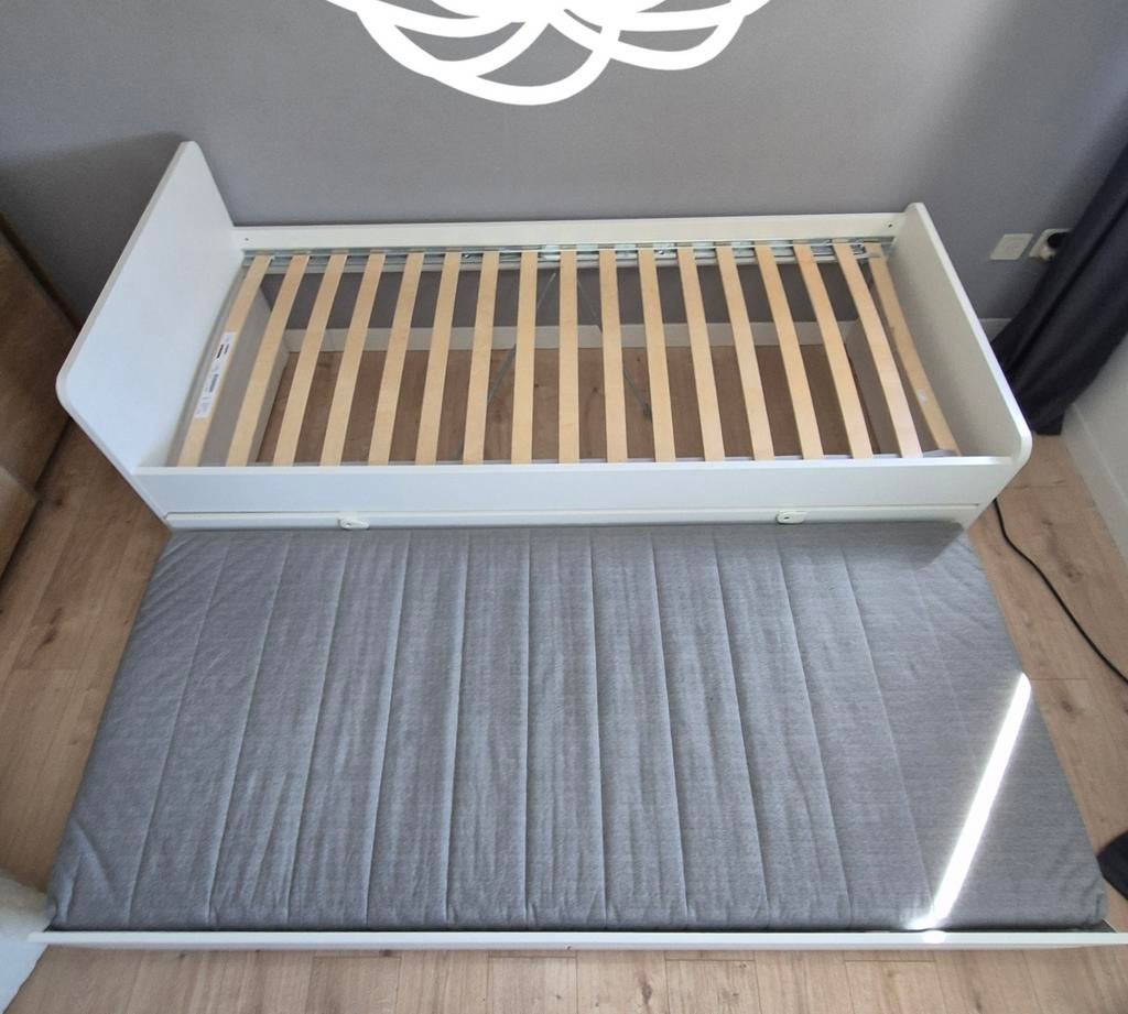 Wit eenpersoonsbed met opberglades en logeerbed, Ophalen, Gebruikt, 90 cm, Eenpersoons