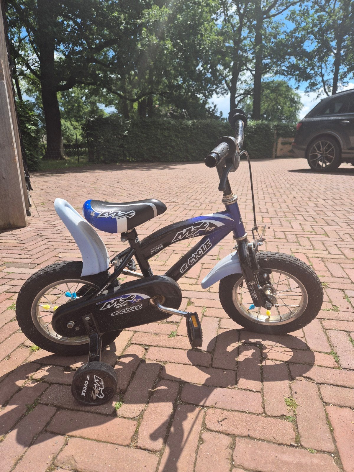 Kinderfiets met zijwieltjes - Blauw/Zwart, Ophalen, Gebruikt, Minder dan 16 inch, Zijwieltjes