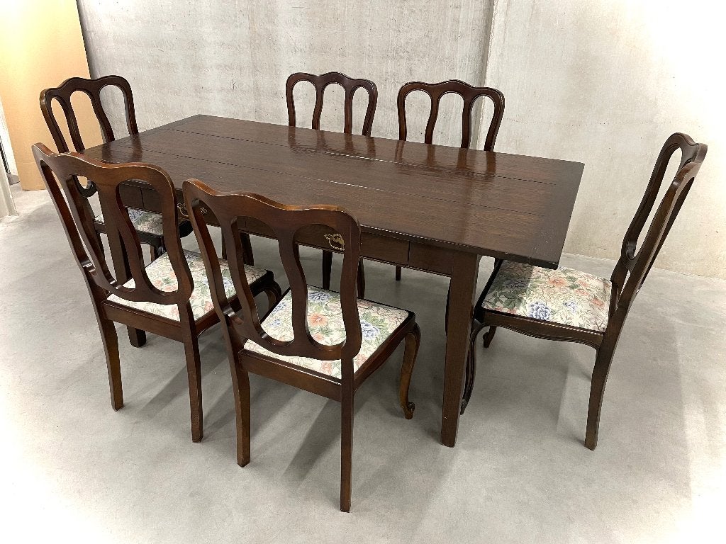 Eettafel massief eik + 6 stoelen - zeer goede staat, Ophalen, Gebruikt, Eikenhout, 50 tot 100 cm