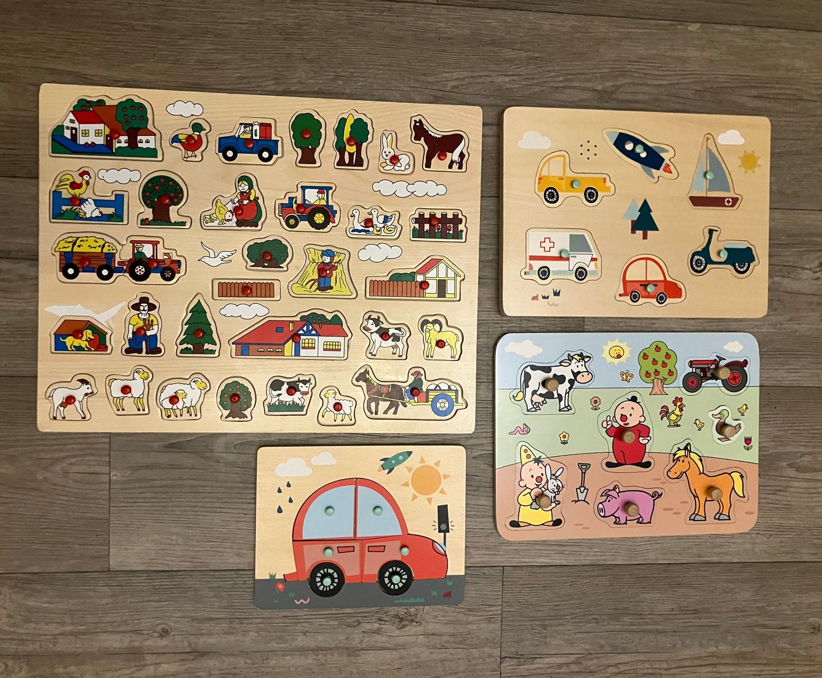 4x houten noppen puzzel Bumba, voertuigen en boerderij, Ophalen of Verzenden, Zo goed als nieuw, Van hout, Minder dan 10 stukjes