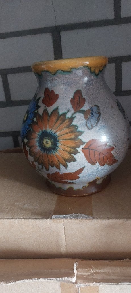 Antieke plateel vaas Unique Gouda Koninklijke 16 cm, Verzenden, Overige kleuren