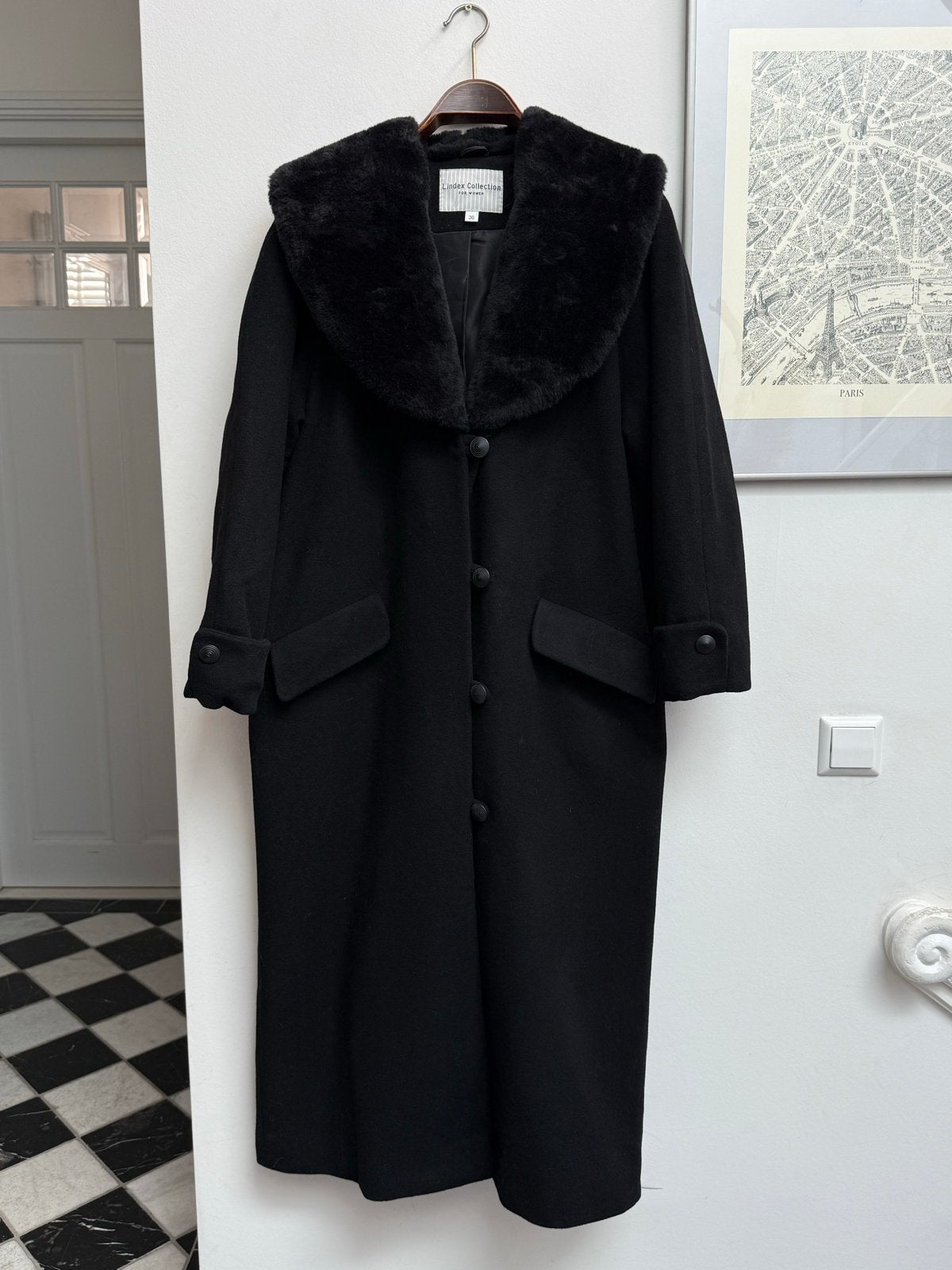 Vintage Lindex zwarte wollen maxi mantel met nepbont kraag, Ophalen of Verzenden, Zo goed als nieuw, Maat 36 (S), Zwart