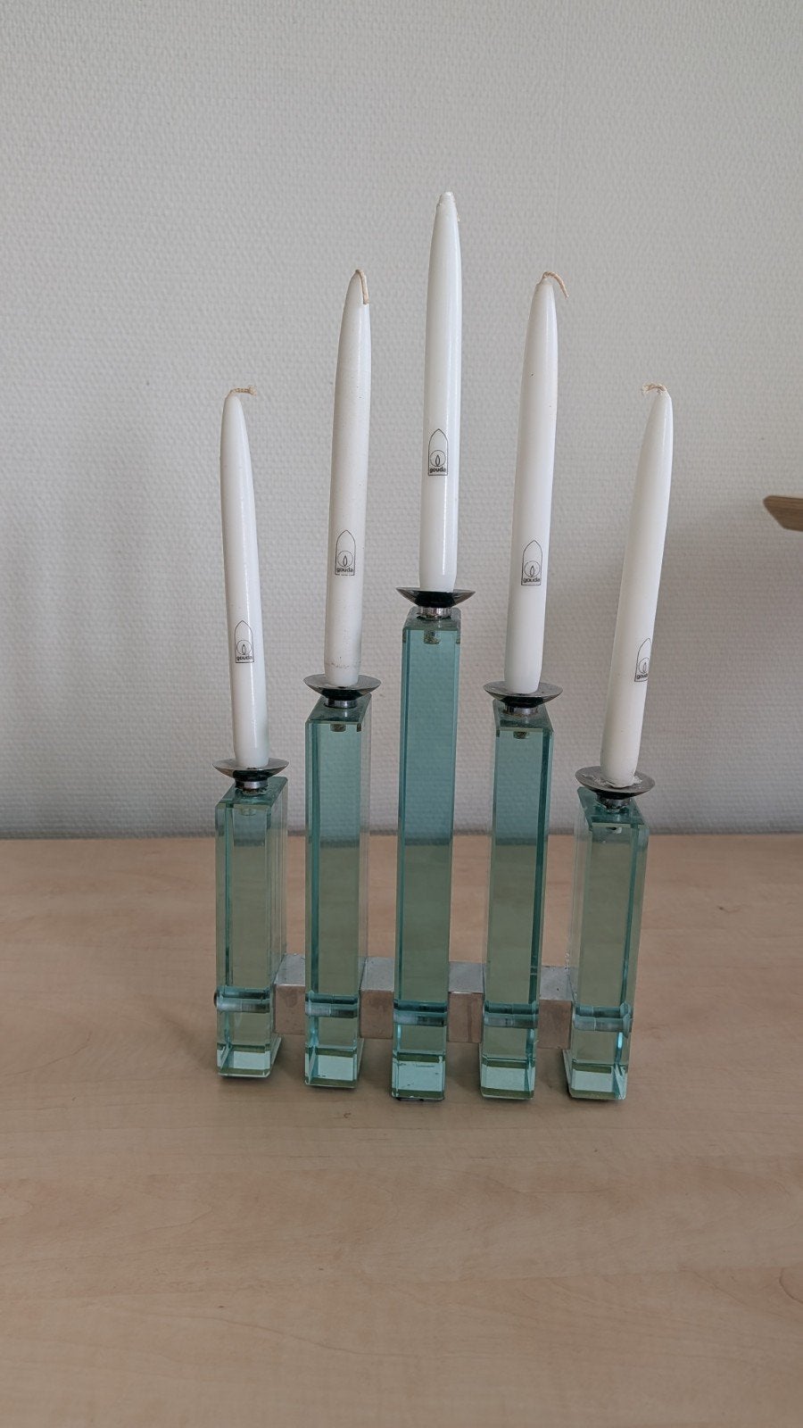 Glazen kandelaar met kaarsen (Gouda), Overige materialen, Gebruikt, Overige kleuren, Ophalen of Verzenden