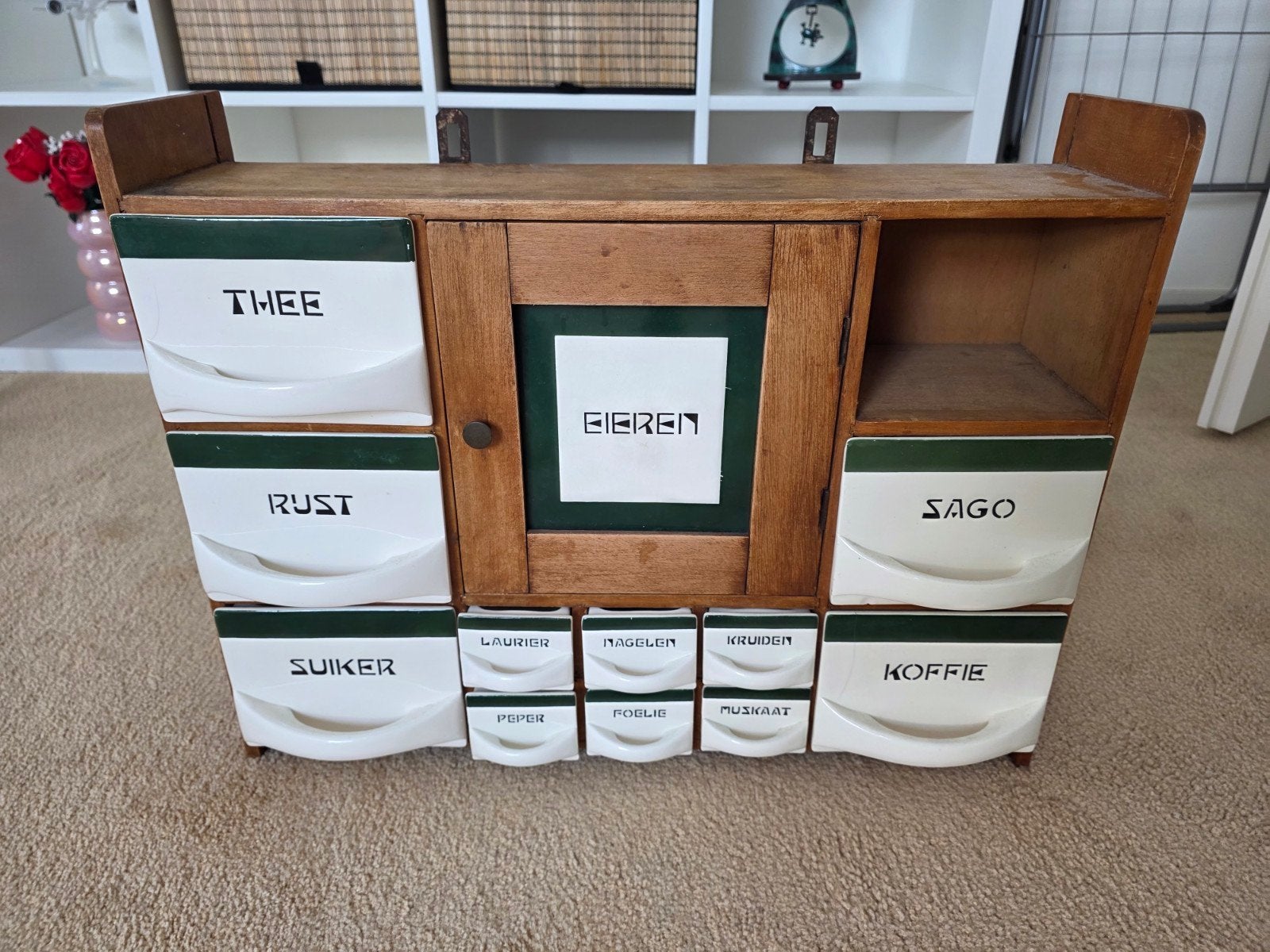 Vintage Kruidenrek Hout Porselein - Thee, Koffie, Kruiden, Antiek en Kunst, Ophalen of Verzenden