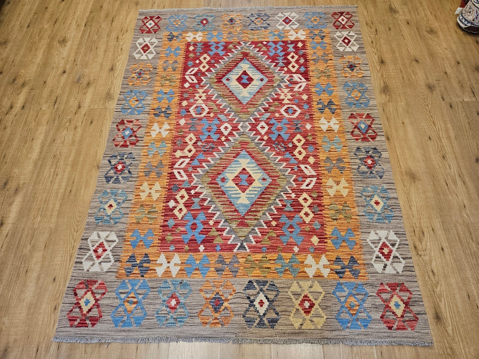 handgeweven oosterse wollen kelim 198x141, Info@SlatsAntiek.nl, 100 tot 150 cm, Ophalen of Verzenden, Kelim