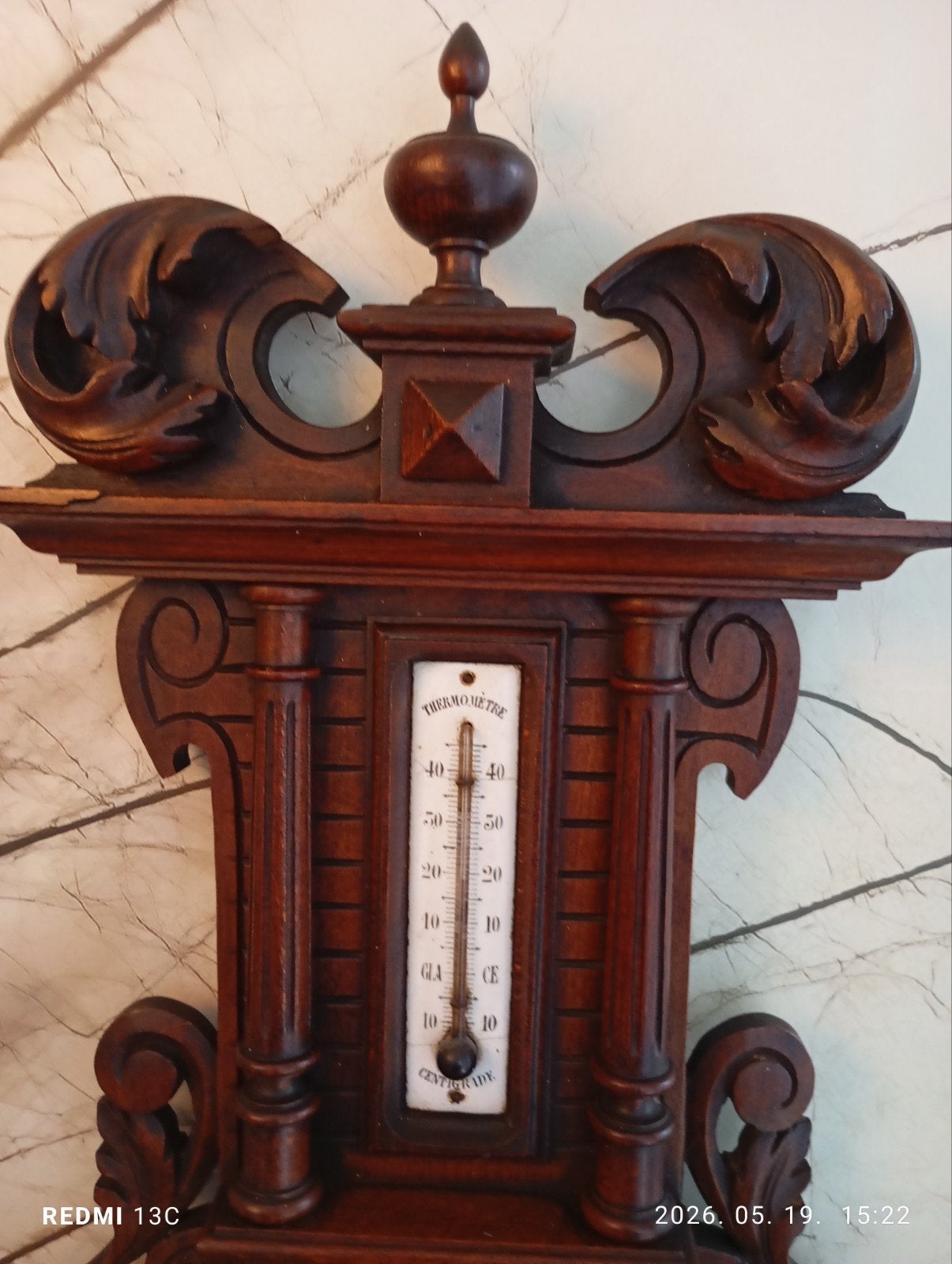 Antieke Barometer/Thermometer - Houtsnijwerk, Ophalen of Verzenden, Gebruikt, Weerstation