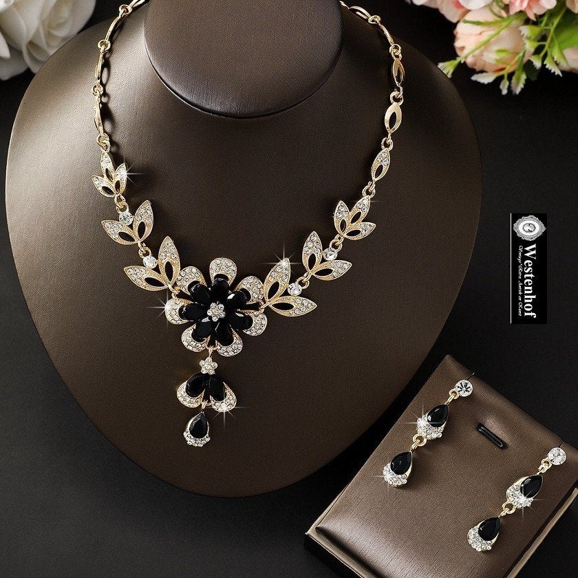 Luxe sieraden set juwelier saffier bloem ketting + oorbellen