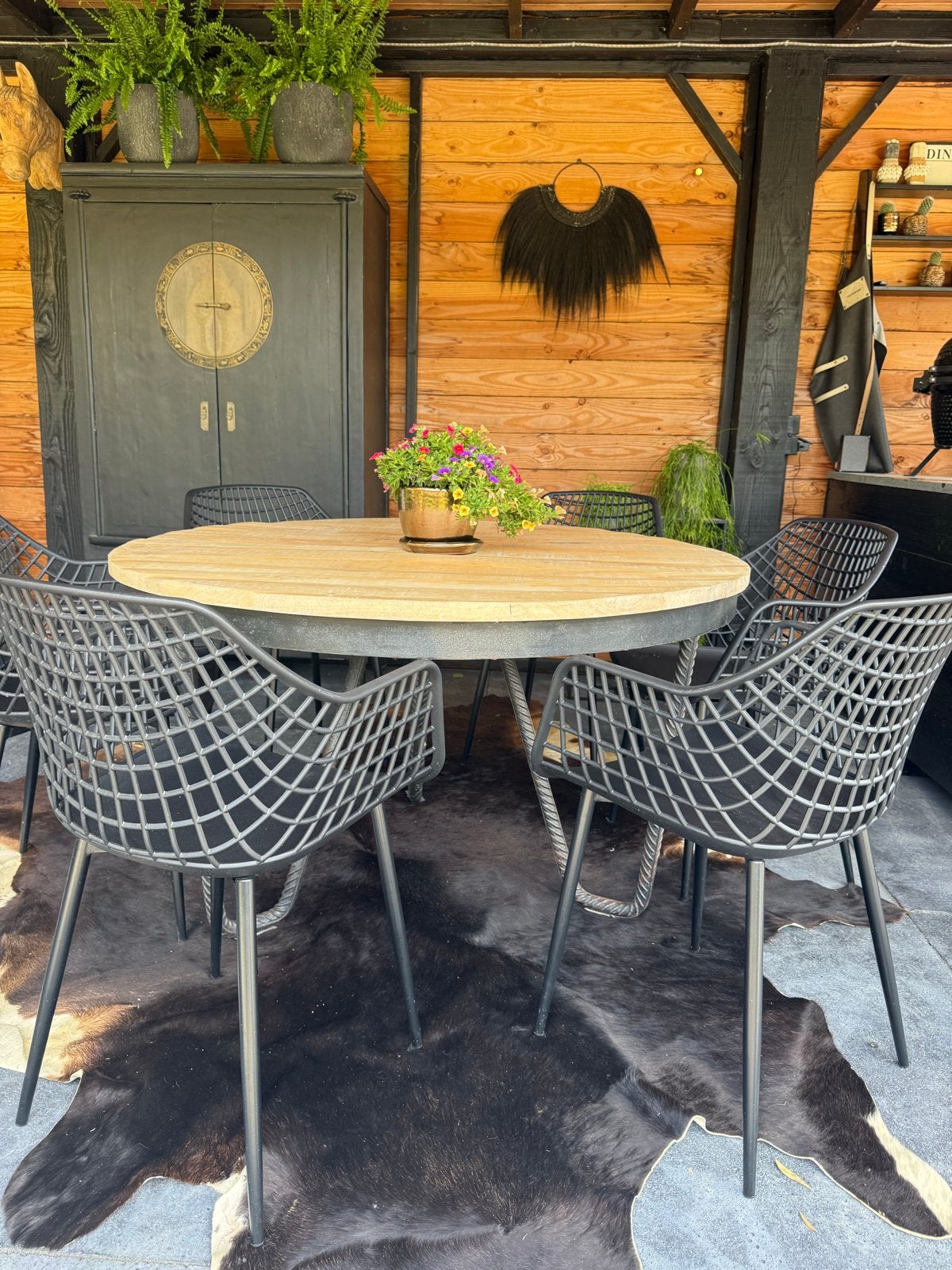 Mooie ronde (tuin)tafel met 6 stoelen!, Tuin en Terras, Ophalen, Zo goed als nieuw, Rond, Hout