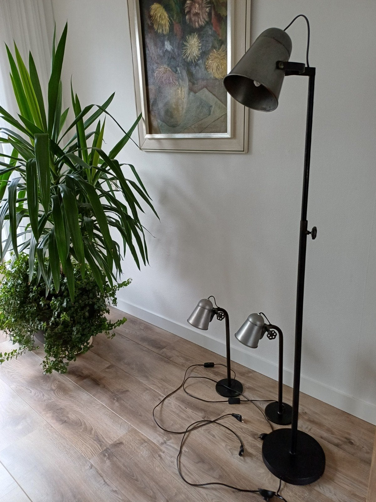 3 industriële staande lampen, zwart met metaal., Ophalen, 100 tot 150 cm, Zo goed als nieuw, Metaal