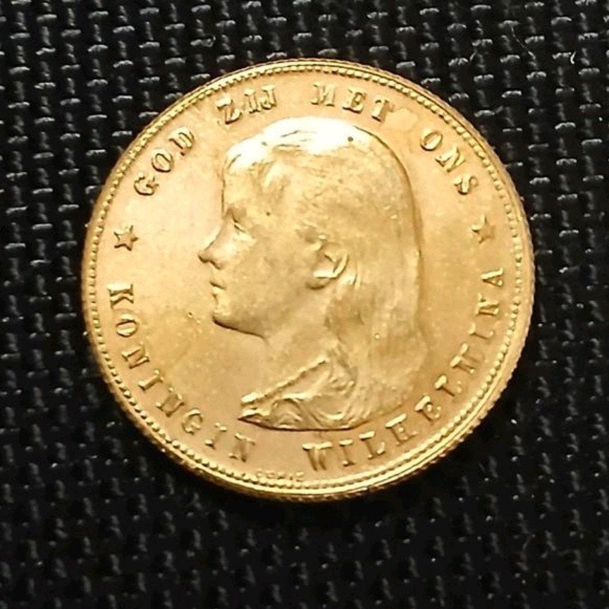 Goud vergulding tientje 10 gulden naslag Wilhelmina 1897, Postzegels en Munten, Koningin Wilhelmina, Losse munt, 10 gulden, Goud