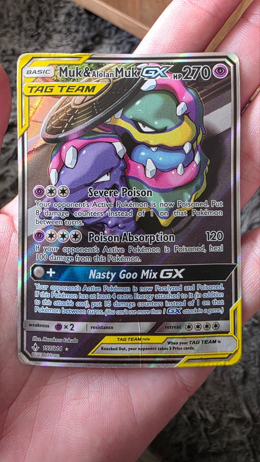 Muk & Alolan Muk GX Pokémon kaart - Beschadigd, Ophalen of Verzenden, Gebruikt, Losse kaart