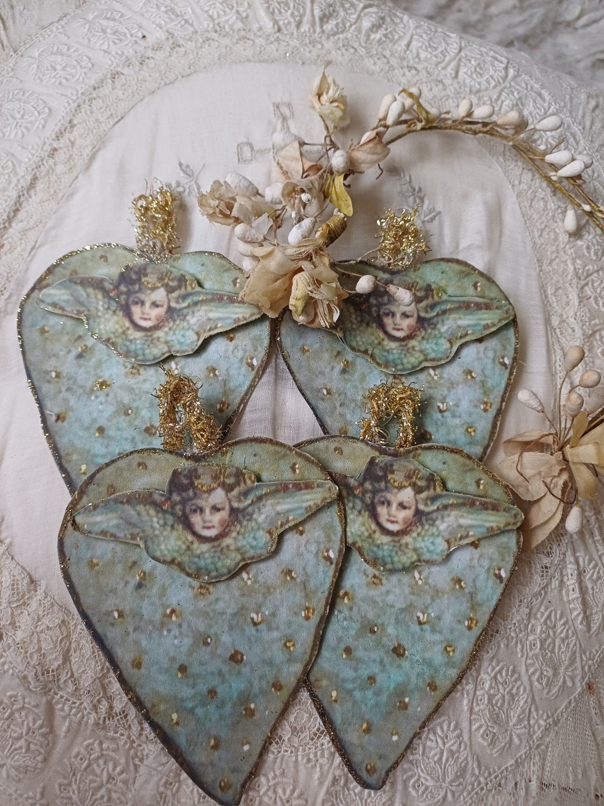 Mooie brocante kerst hangers, hart,engel, Antiek en Kunst, Verzenden
