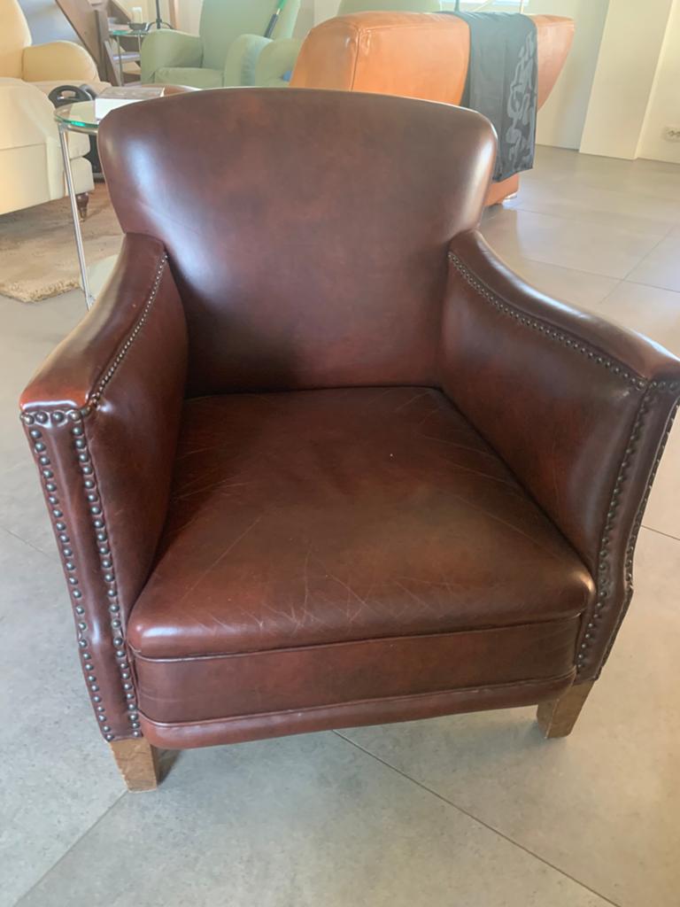 Fauteuil / salonstoeltje bruin leer, Ophalen, Zo goed als nieuw, 50 tot 75 cm, Leer