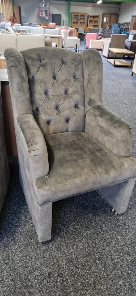 Groene (eetkamer)fauteuils met gecapitonneerde rugleuning, Ophalen, Gebruikt, 75 tot 100 cm, Stof