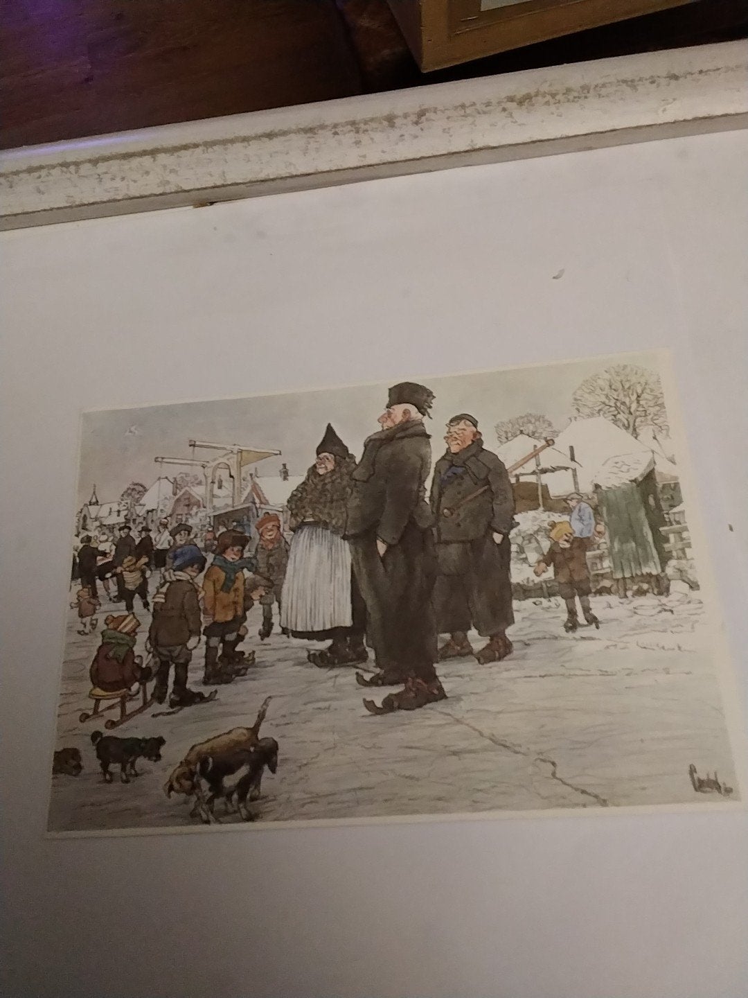 Vintage Kerstkaart - Schaatsen in Volendam (Jan Sanders), Verzamelen, Ophalen of Verzenden, 1960 tot 1980, Gelopen