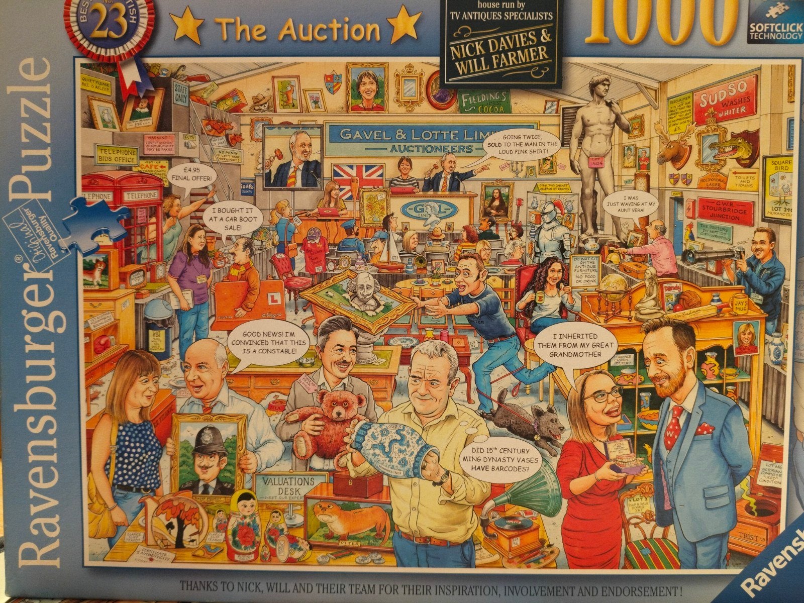 Ravensburger puzzel The auction te koop, Ophalen of Verzenden, 500 t/m 1500 stukjes, Zo goed als nieuw, Legpuzzel