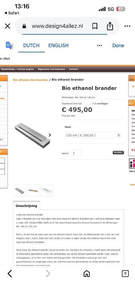 bio-ethanol brander, Huis en Inrichting, Haarden, Ophalen, Gebruikt, Inbouwhaard, Gashaard